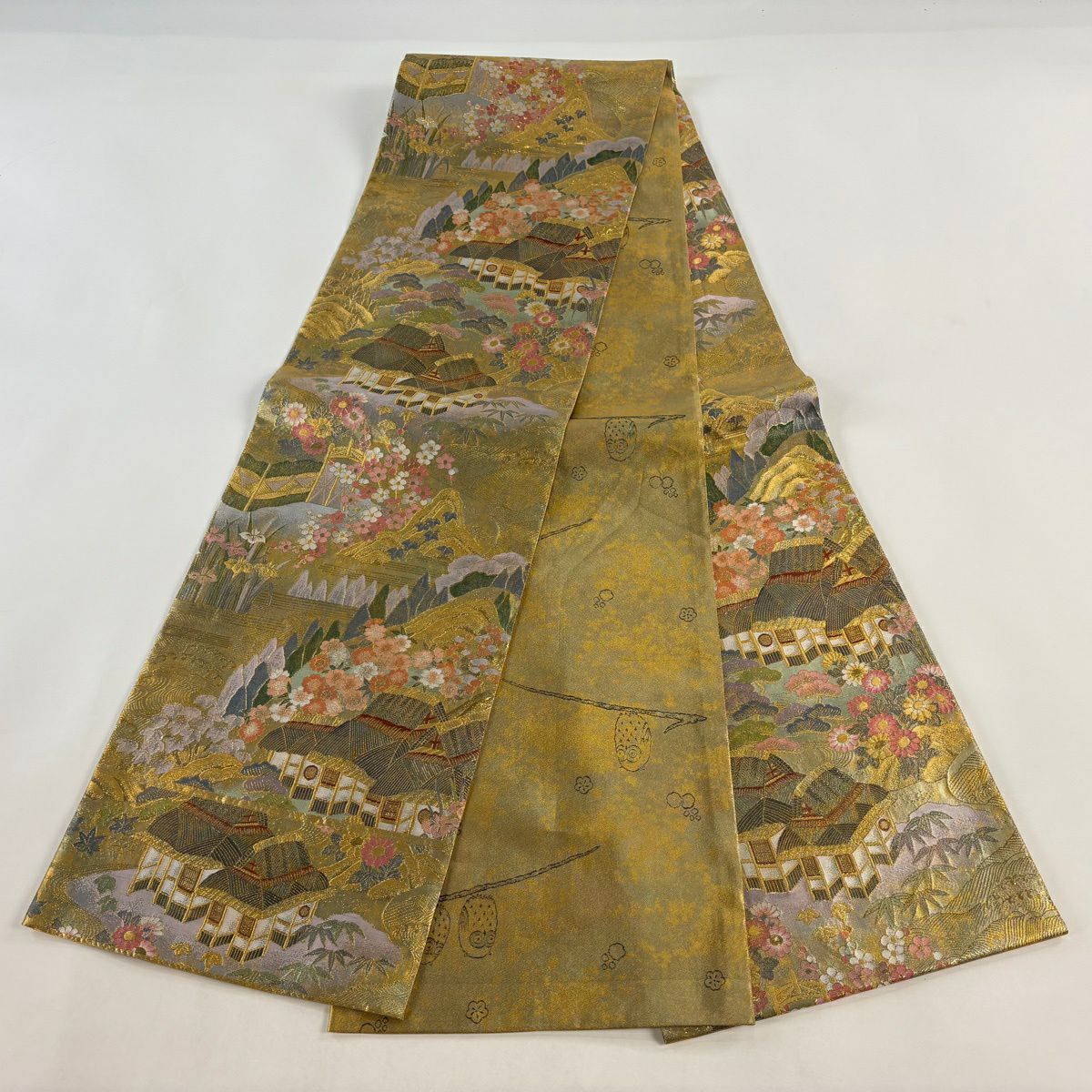 【美品】 袋帶 名品級 純金金箔 平成乃至寶 關西仕立 風景 松樹竹子梅花 金絲 金 全通 純蠶絲