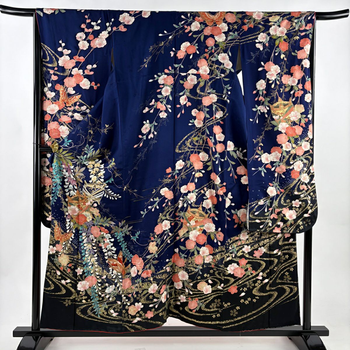 振袖禮服 身長155cm 袖長66cm M 雙層 線卷 櫻花 金絲 金銀彩 深藍 純蠶絲 名品級