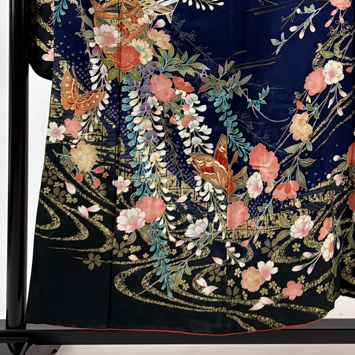 振袖禮服 身長155cm 袖長66cm M 雙層 線卷 櫻花 金絲 金銀彩 深藍 純蠶絲 名品級