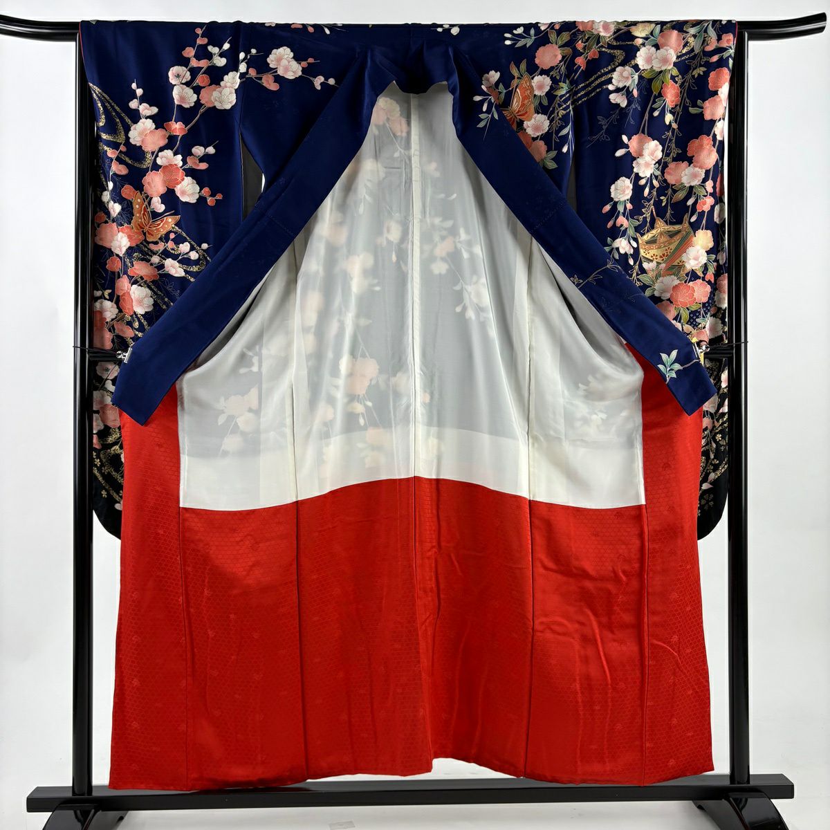 振袖禮服 身長155cm 袖長66cm M 雙層 線卷 櫻花 金絲 金銀彩 深藍 純蠶絲 名品級