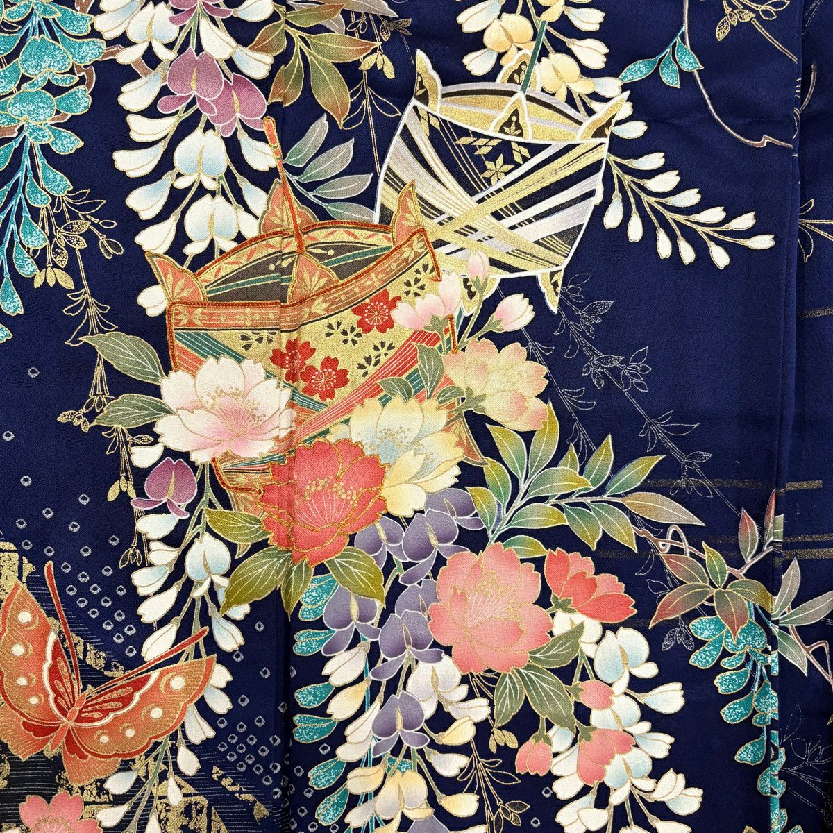 振袖禮服 身長155cm 袖長66cm M 雙層 線卷 櫻花 金絲 金銀彩 深藍 純蠶絲 名品級