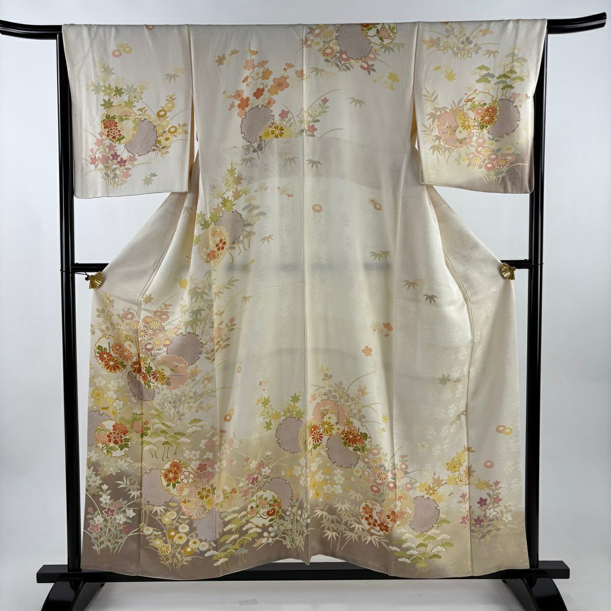訪問服 身長155.5cm 袖長66cm M 雙層 雪輪 松樹竹子梅花 金糸 漸層 奶油色 純蠶絲 名品級
