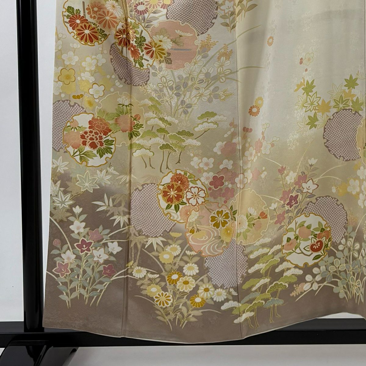 訪問服 身長155.5cm 袖長66cm M 雙層 雪輪 松樹竹子梅花 金糸 漸層 奶油色 純蠶絲 名品級