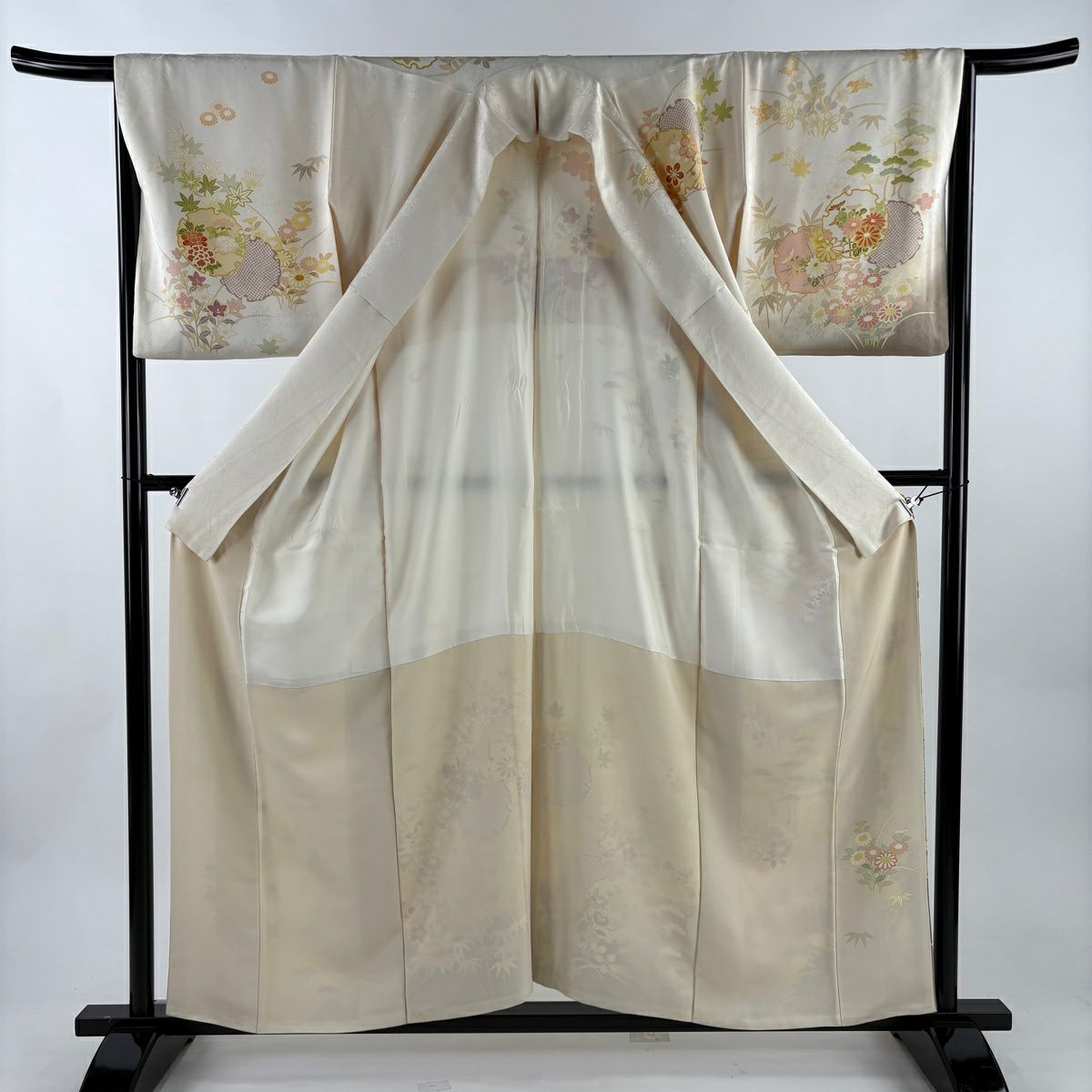 訪問服 身長155.5cm 袖長66cm M 雙層 雪輪 松樹竹子梅花 金糸 漸層 奶油色 純蠶絲 名品級