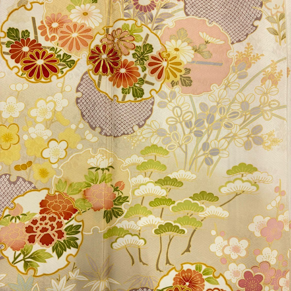 訪問服 身長155.5cm 袖長66cm M 雙層 雪輪 松樹竹子梅花 金糸 漸層 奶油色 純蠶絲 名品級