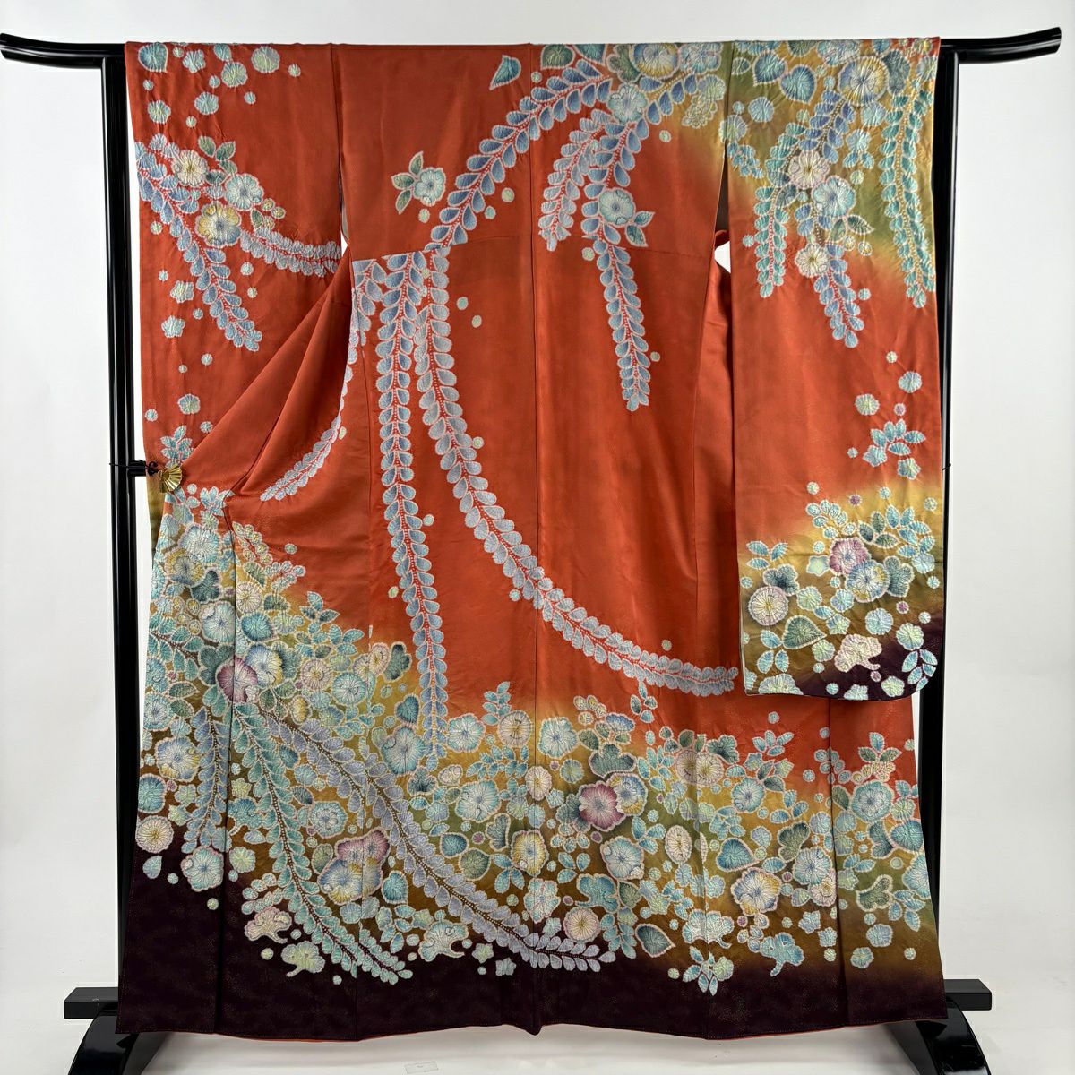 【美品】振袖禮服 身長163cm 袖長63.5cm S 雙層 落款あり 辻花染 金銀彩 漸層 朱 純蠶絲 名品級