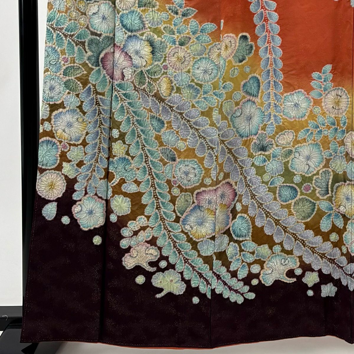 【美品】振袖禮服 身長163cm 袖長63.5cm S 雙層 落款あり 辻花染 金銀彩 漸層 朱 純蠶絲 名品級