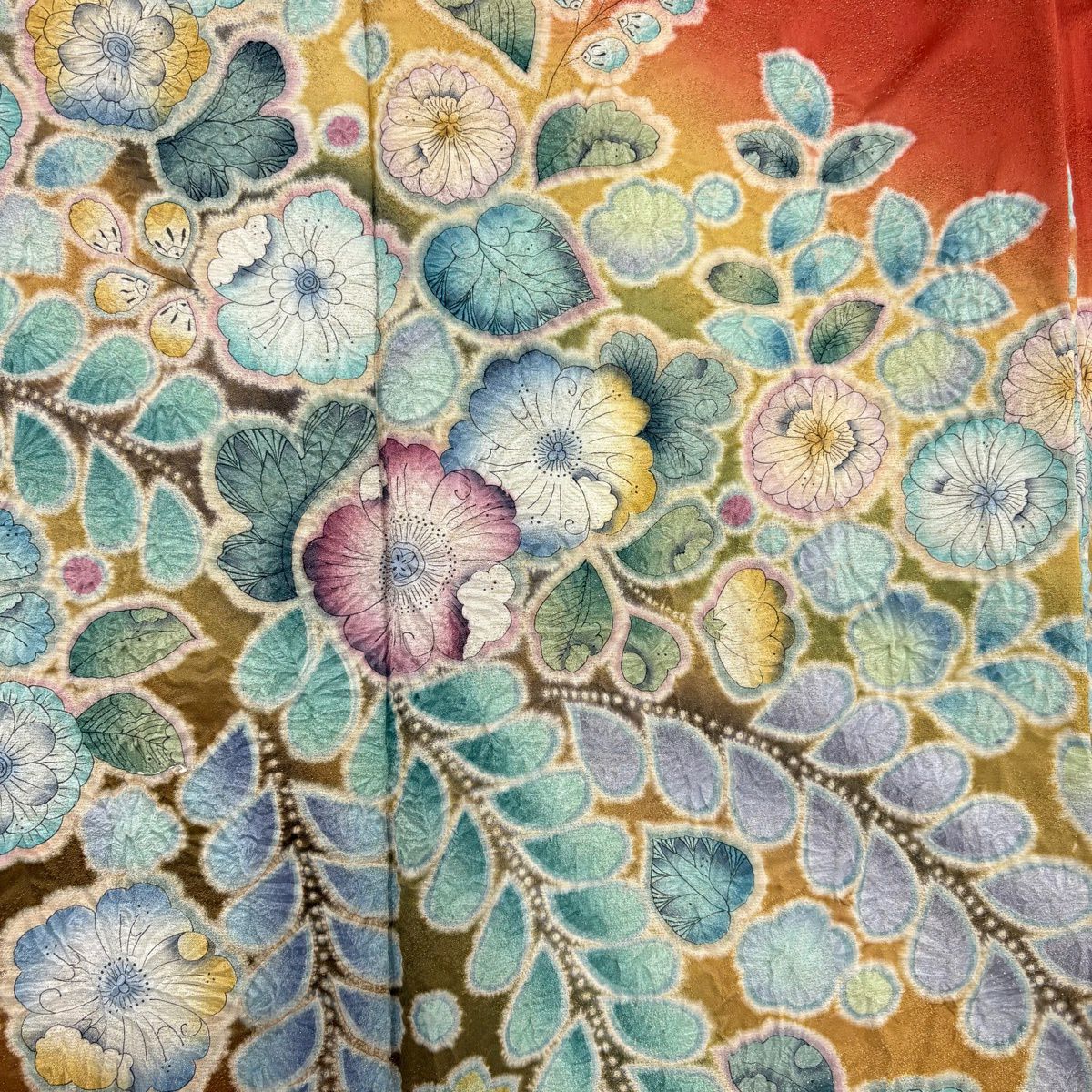 【美品】振袖禮服 身長163cm 袖長63.5cm S 雙層 落款あり 辻花染 金銀彩 漸層 朱 純蠶絲 名品級