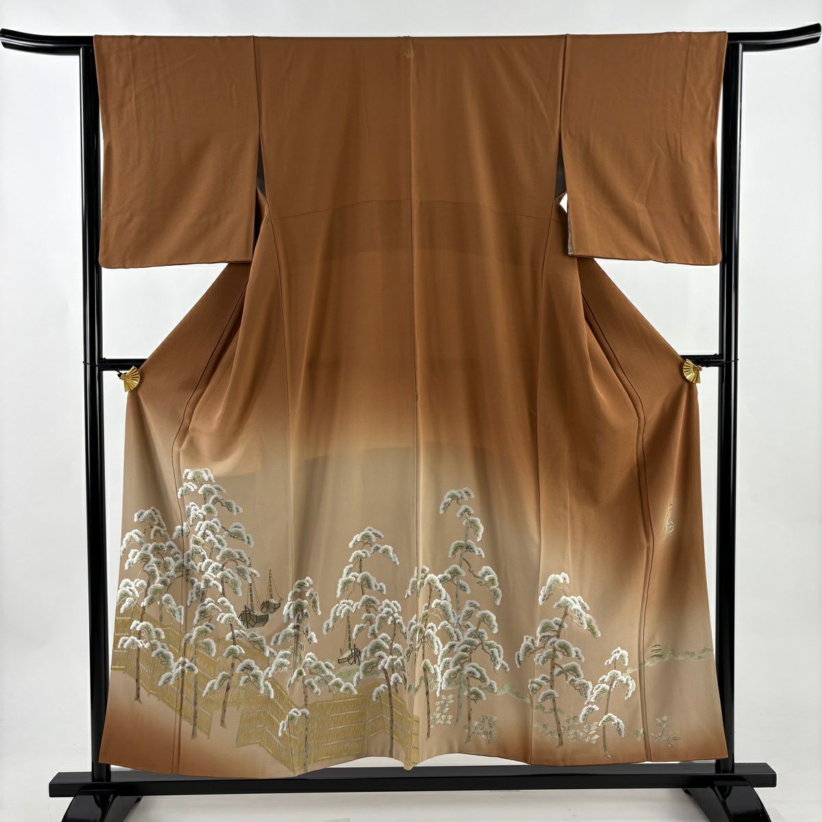 色留袖禮服 身長155cm 袖長64cm M 雙層 松樹 船 金絲 刺繡 茶 純蠶絲 名品級 一つ紋