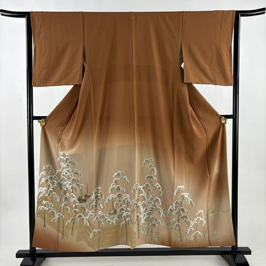 色留袖禮服 身長155cm 袖長64cm M 雙層 松樹 船 金絲 刺繡 茶 純蠶絲 名品級 一つ紋