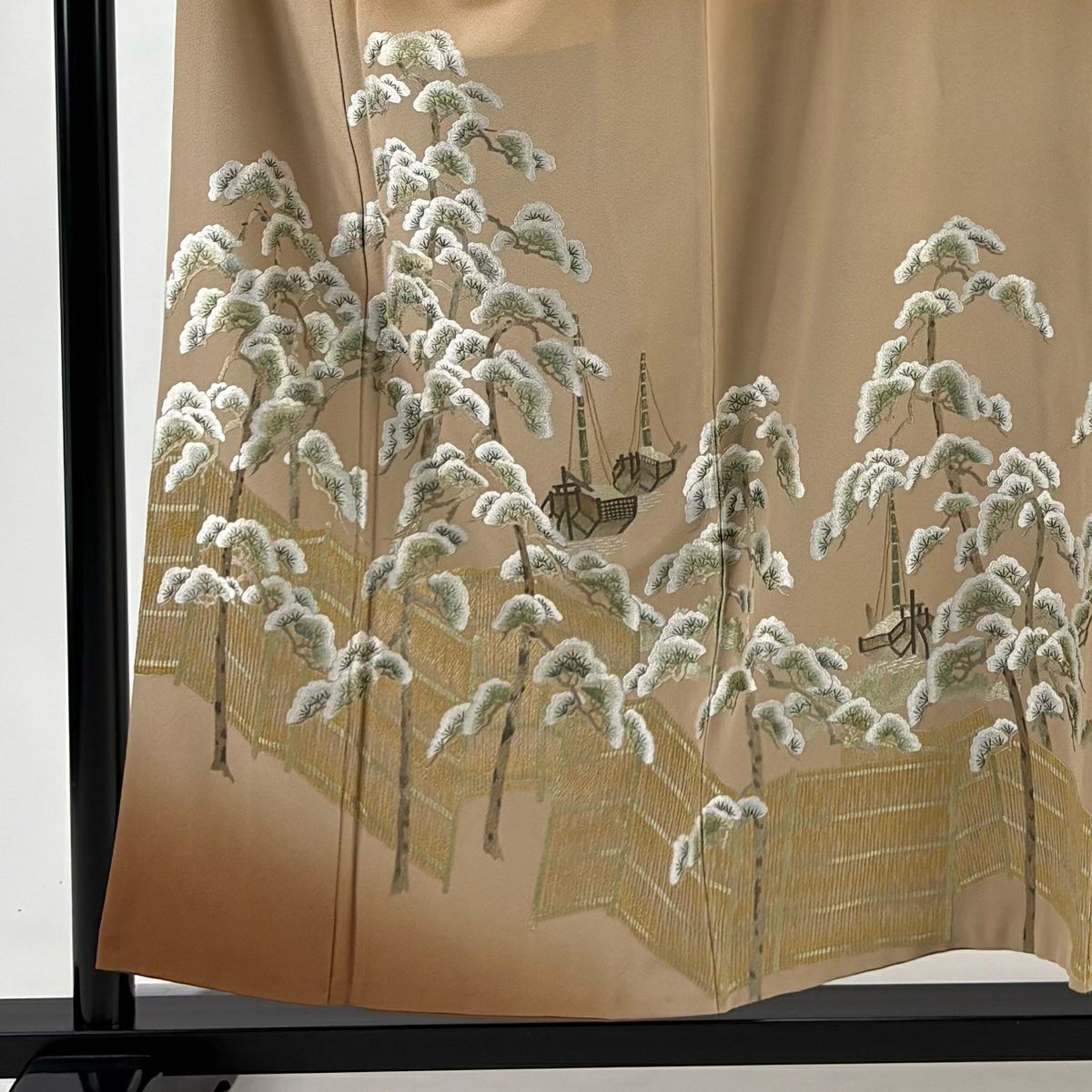 色留袖禮服 身長155cm 袖長64cm M 雙層 松樹 船 金絲 刺繡 茶 純蠶絲 名品級 一つ紋