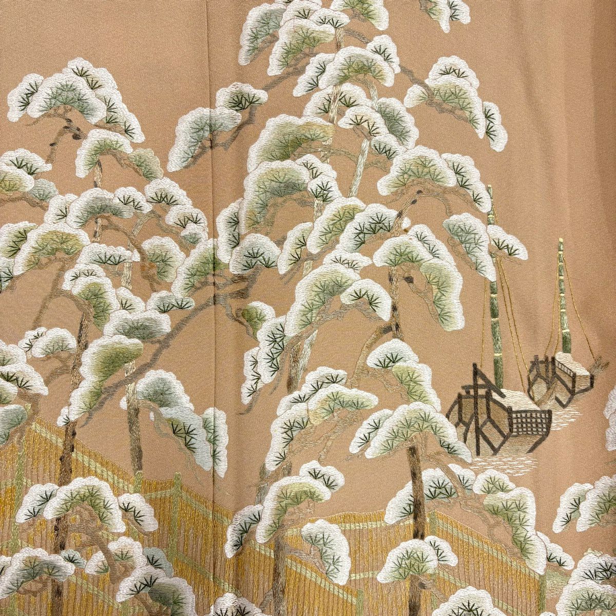 色留袖禮服 身長155cm 袖長64cm M 雙層 松樹 船 金絲 刺繡 茶 純蠶絲 名品級 一つ紋