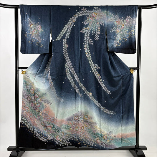 訪問服 身長157.5cm 袖長61.5cm S 雙層 辻花染 流水 金彩裝飾 漸層 藍 純蠶絲 名品級