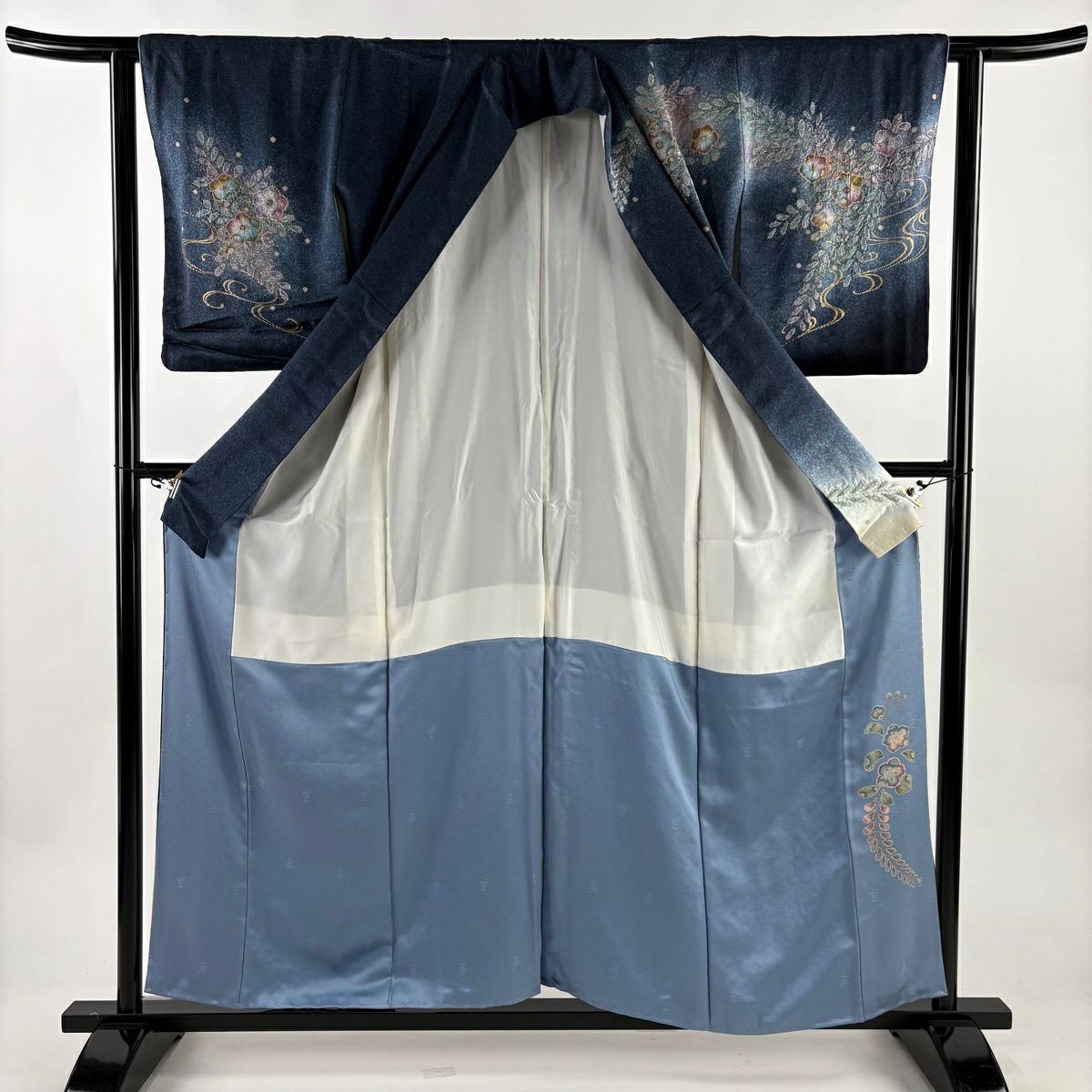 訪問服 身長157.5cm 袖長61.5cm S 雙層 辻花染 流水 金彩裝飾 漸層 藍 純蠶絲 名品級