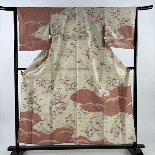 訪問服 身長157cm 袖長64cm M 單層 紬織織 雲文 建物 米色 純蠶絲 名品級