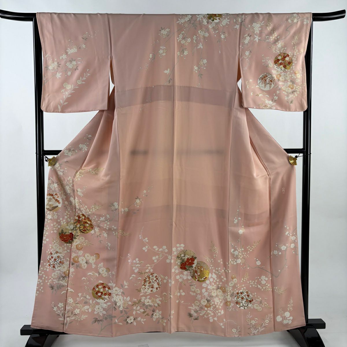 【美品】訪問服 身長160.5cm 袖長66cm M 雙層 吾妻德穗 落款あり 牡丹 枝梅花 金絲 金銀彩 粉紅 純蠶絲 名品級