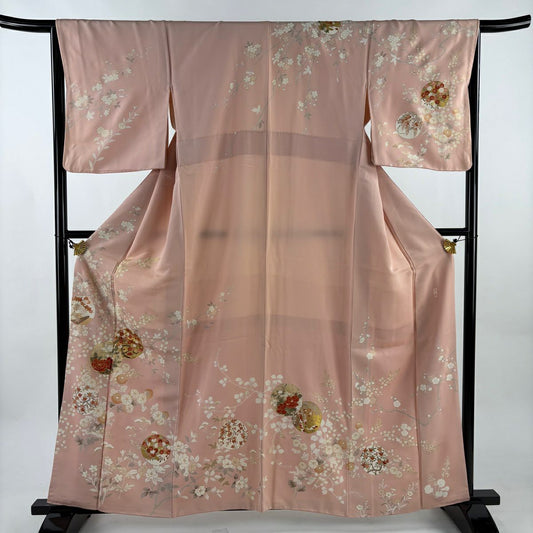 【美品】訪問服 身長160.5cm 袖長66cm M 雙層 吾妻德穗 落款あり 牡丹 枝梅花 金絲 金銀彩 粉紅 純蠶絲 名品級