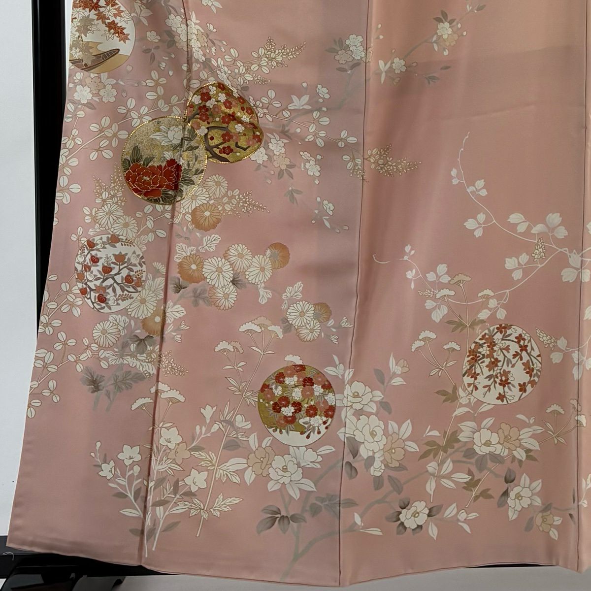 【美品】訪問服 身長160.5cm 袖長66cm M 雙層 吾妻德穗 落款あり 牡丹 枝梅花 金絲 金銀彩 粉紅 純蠶絲 名品級