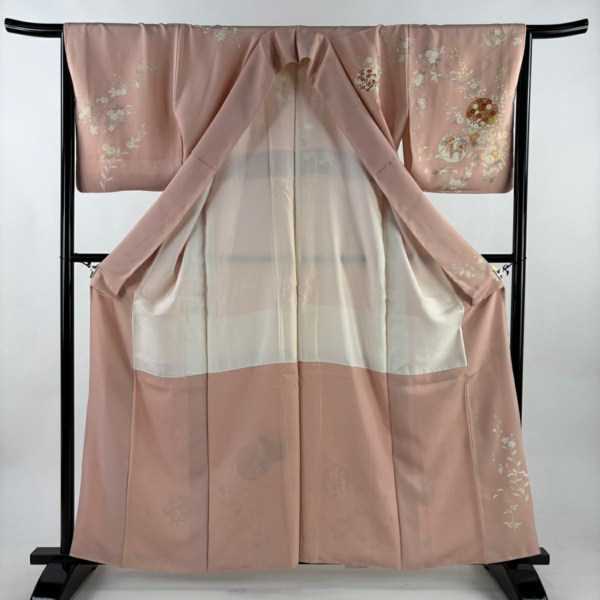 【美品】訪問服 身長160.5cm 袖長66cm M 雙層 吾妻德穗 落款あり 牡丹 枝梅花 金絲 金銀彩 粉紅 純蠶絲 名品級