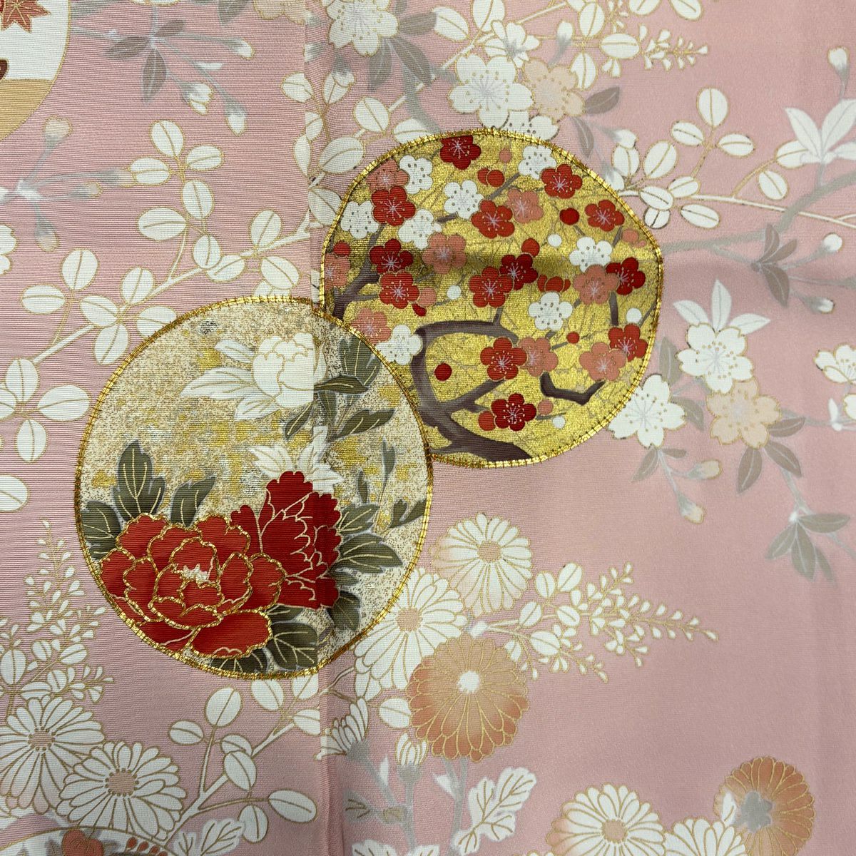 【美品】訪問服 身長160.5cm 袖長66cm M 雙層 吾妻德穗 落款あり 牡丹 枝梅花 金絲 金銀彩 粉紅 純蠶絲 名品級