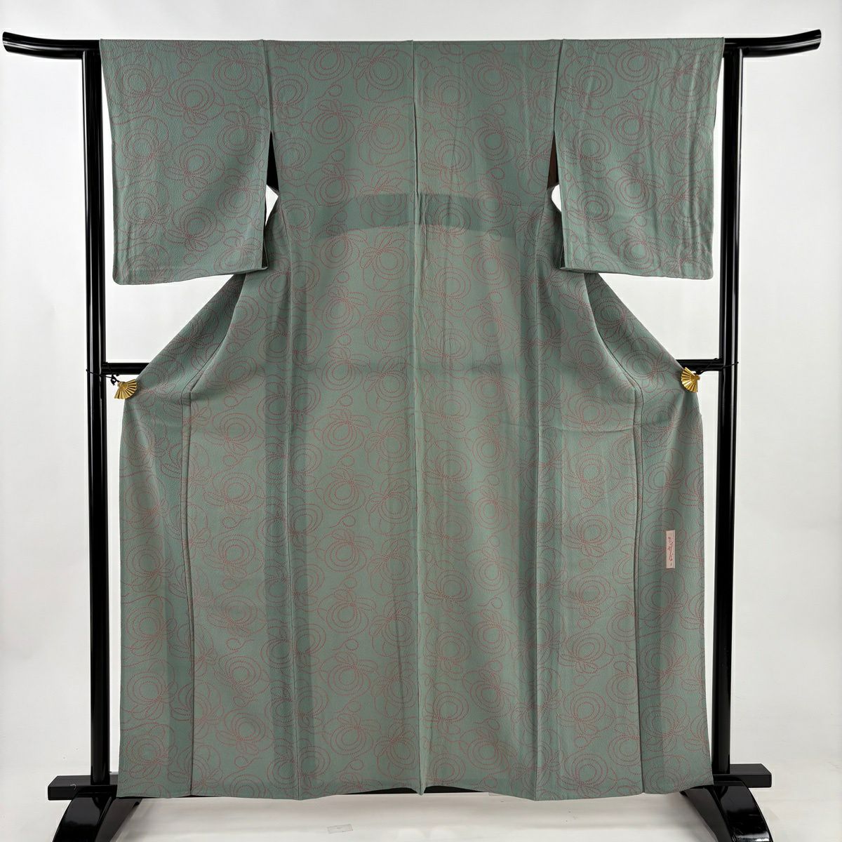 小紋 身長160cm 袖長62.5cm S 單層 辻村ジュサブロー 有落款 組紐 灰綠 純蠶絲 名品級