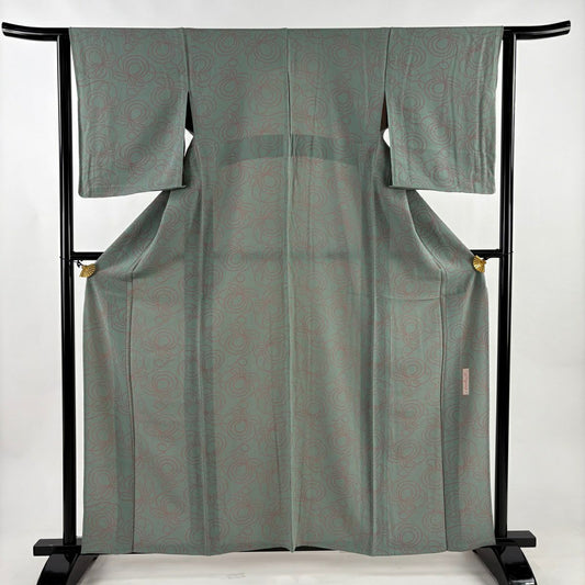 小紋 身長160cm 袖長62.5cm S 單層 辻村ジュサブロー 有落款 組紐 灰綠 純蠶絲 名品級