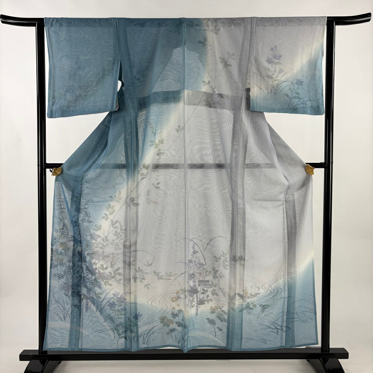 【美品】訪問服 身長157cm 袖長63cm S 雙層 草花紋紋 漸層 刺繡 水藍 純蠶絲 名品級