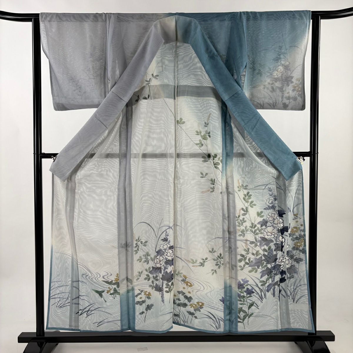 【美品】訪問服 身長157cm 袖長63cm S 雙層 草花紋紋 漸層 刺繡 水藍 純蠶絲 名品級