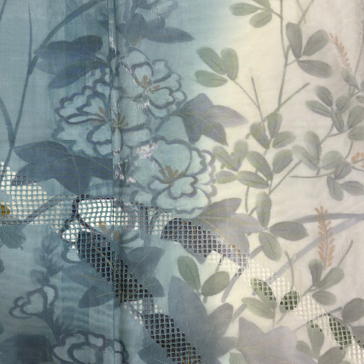 【美品】訪問服 身長157cm 袖長63cm S 雙層 草花紋紋 漸層 刺繡 水藍 純蠶絲 名品級