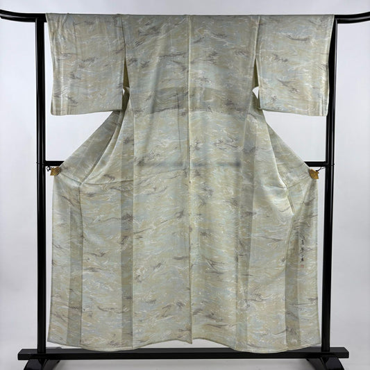 【美品】 小紋 身長154.5cm 袖長63.5cm S 單層 墨流し 抹茶 純蠶絲 名品級