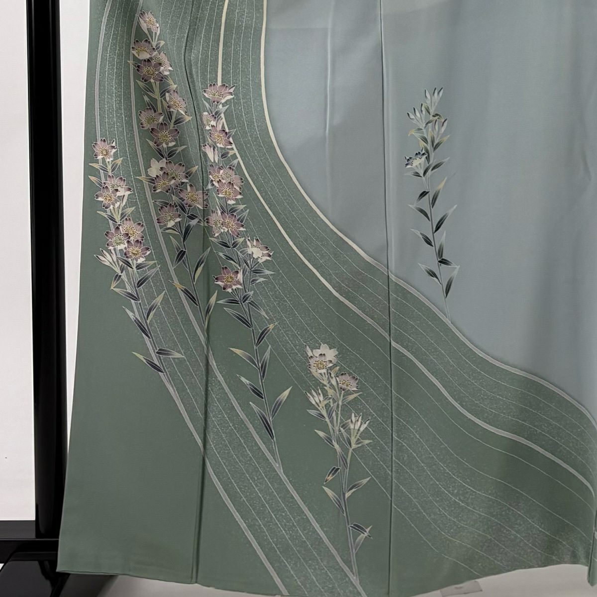 訪問服 身長163cm 袖長67cm M 雙層 落款 草花紋紋 染分 薄綠 純蠶絲 名品級