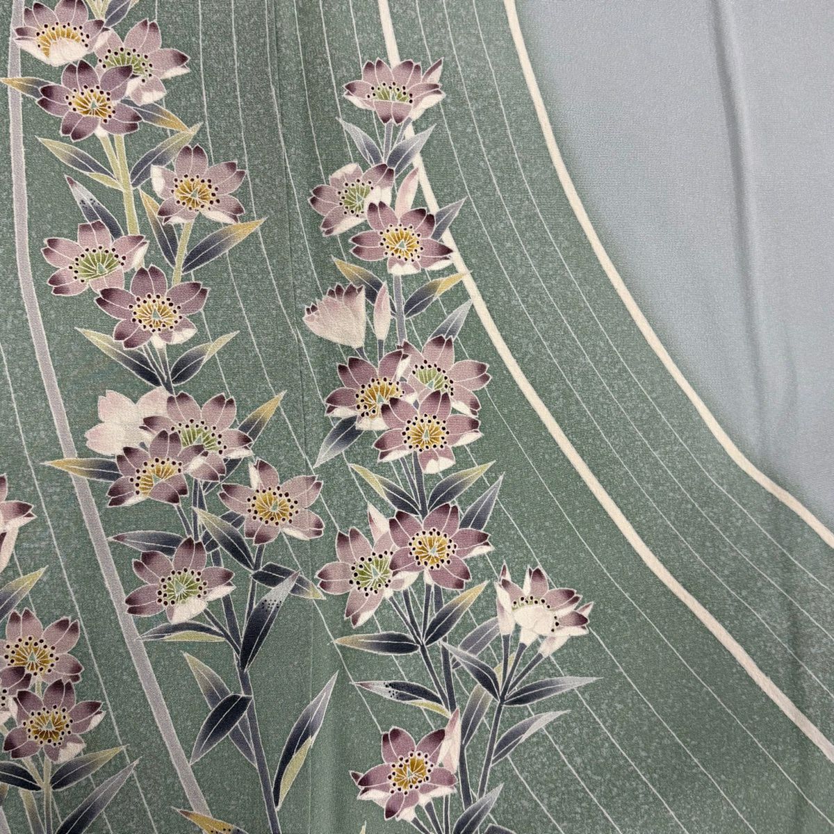 訪問服 身長163cm 袖長67cm M 雙層 落款 草花紋紋 染分 薄綠 純蠶絲 名品級