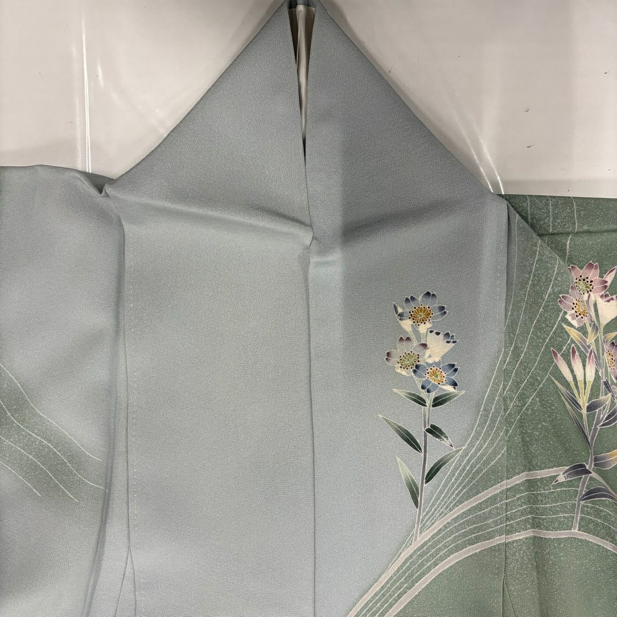 訪問服 身長163cm 袖長67cm M 雙層 落款 草花紋紋 染分 薄綠 純蠶絲 名品級