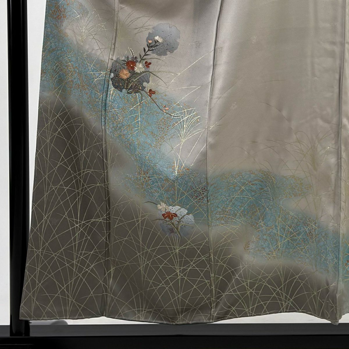 付下 身長155.5cm 袖長61.5cm S 雙層 雪輪 草花紋刺繡 金銀彩 灰茶 純蠶絲 秀品級
