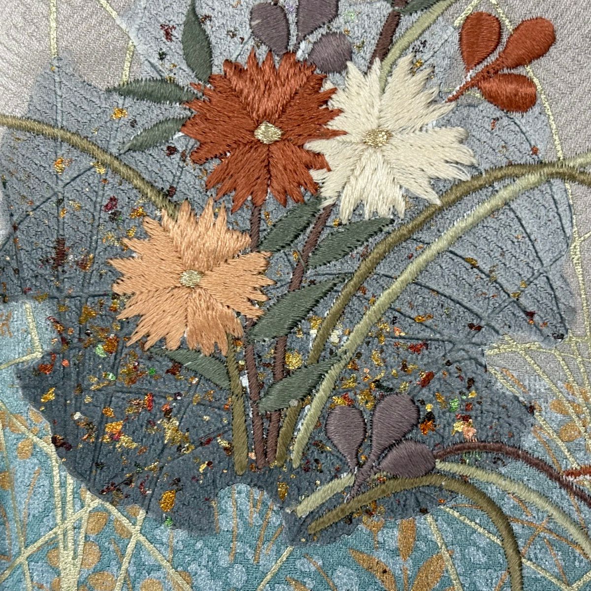 付下 身長155.5cm 袖長61.5cm S 雙層 雪輪 草花紋刺繡 金銀彩 灰茶 純蠶絲 秀品級