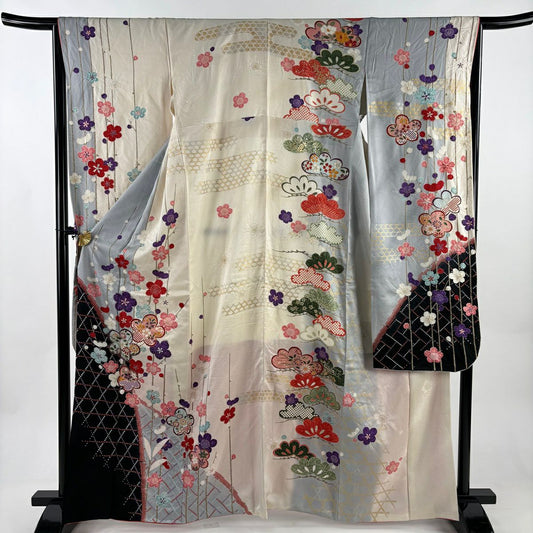振袖禮服 身長164.5cm 袖長65cm M 雙層 枝梅花 草花紋紋 金銀彩 奶油色 純蠶絲 優品級