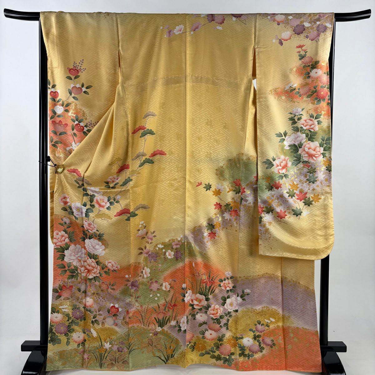 振袖禮服 身長168cm 袖長66.5cm M 雙層 牡丹 枝花 金絲 金銀彩 黃色 純蠶絲 優品級