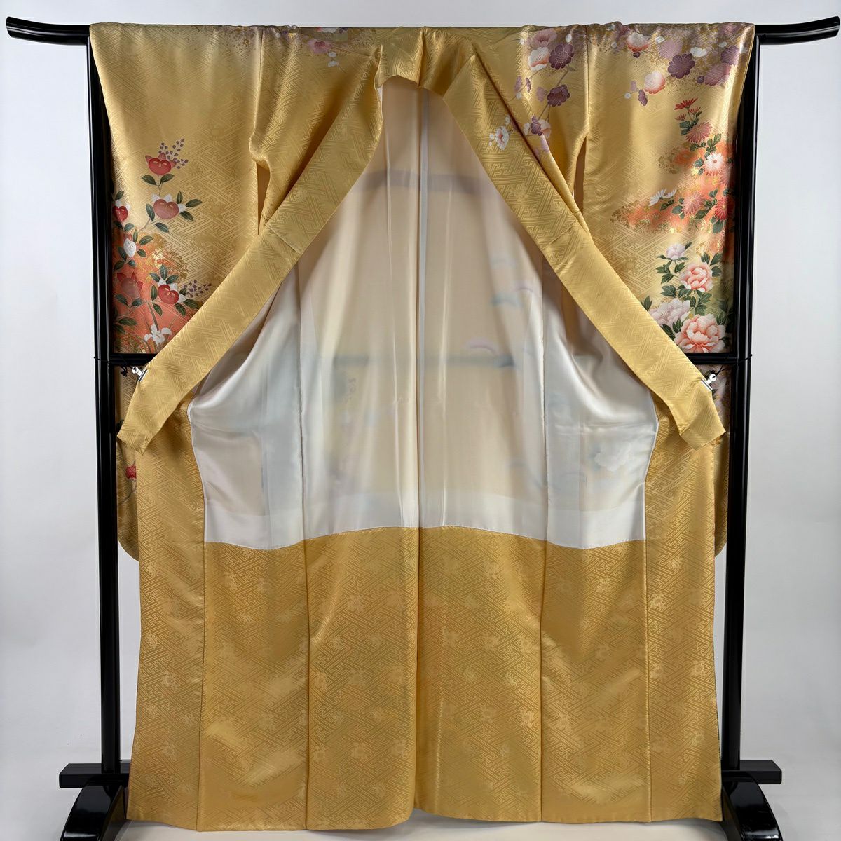 振袖禮服 身長168cm 袖長66.5cm M 雙層 牡丹 枝花 金絲 金銀彩 黃色 純蠶絲 優品級