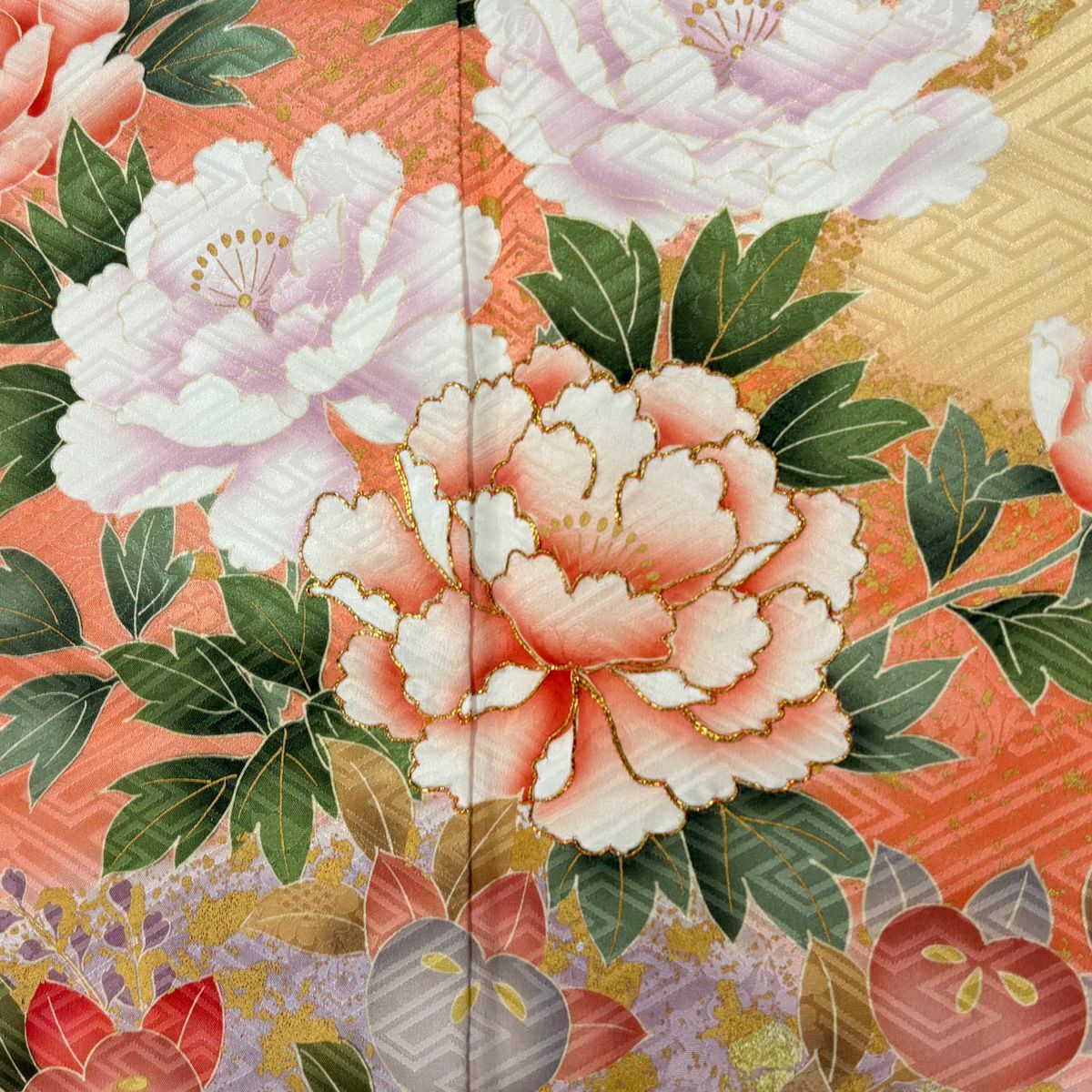 振袖禮服 身長168cm 袖長66.5cm M 雙層 牡丹 枝花 金絲 金銀彩 黃色 純蠶絲 優品級