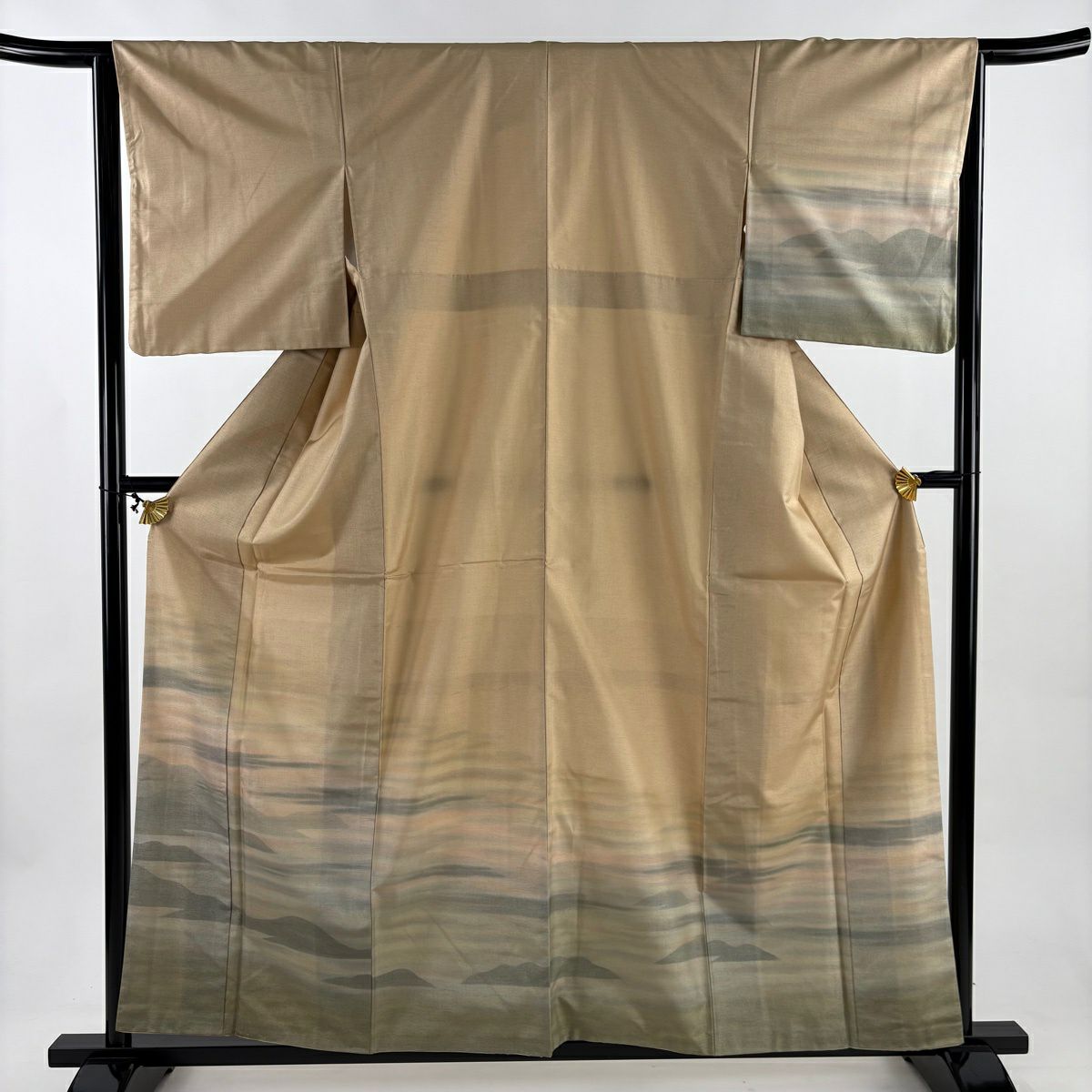 【美品】 付下 身長158cm 袖長63.5cm S 雙層 紬織織 霞 山並 逐漸變化 米色 純蠶絲 優品級