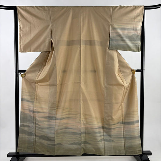 【美品】 付下 身長158cm 袖長63.5cm S 雙層 紬織織 霞 山並 逐漸變化 米色 純蠶絲 優品級