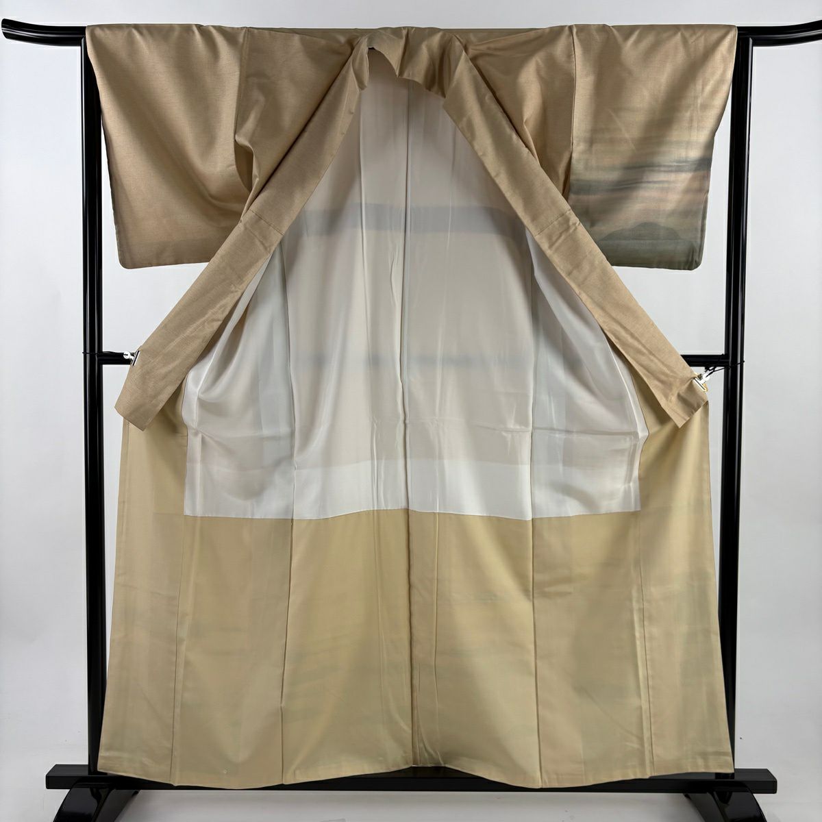 【美品】 付下 身長158cm 袖長63.5cm S 雙層 紬織織 霞 山並 逐漸變化 米色 純蠶絲 優品級