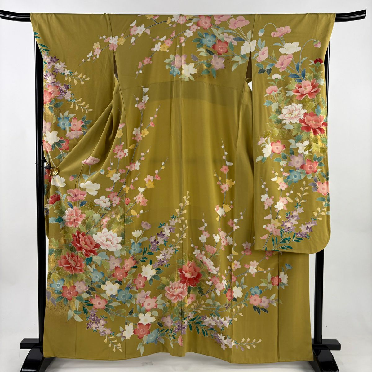 振袖禮服 身長162.5cm 袖長68cm L 雙層 牡丹 櫻花 金銀彩 黃土 純蠶絲 秀品級