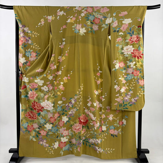 振袖禮服 身長162.5cm 袖長68cm L 雙層 牡丹 櫻花 金銀彩 黃土 純蠶絲 秀品級