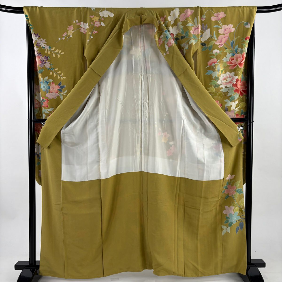 振袖禮服 身長162.5cm 袖長68cm L 雙層 牡丹 櫻花 金銀彩 黃土 純蠶絲 秀品級