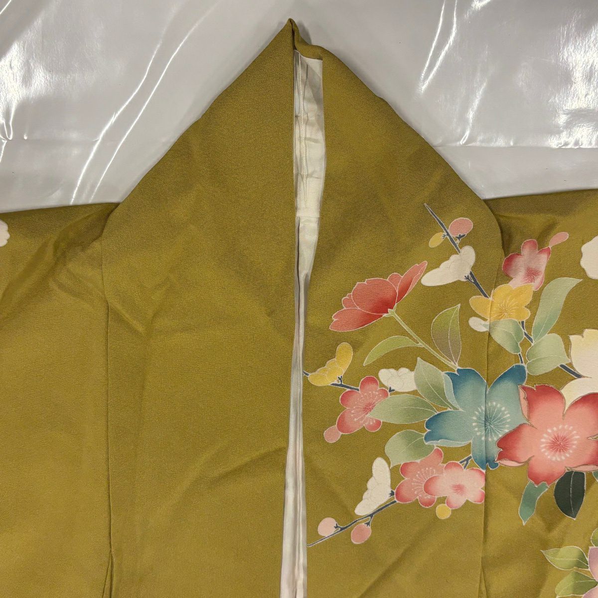振袖禮服 身長162.5cm 袖長68cm L 雙層 牡丹 櫻花 金銀彩 黃土 純蠶絲 秀品級