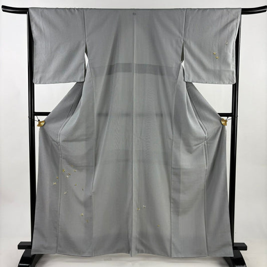 付下 身長163cm 袖長66cm M 雙層 紬織織 鈴乃屋 花 縱條 刺繡 灰 純蠶絲 秀品級 一個紋