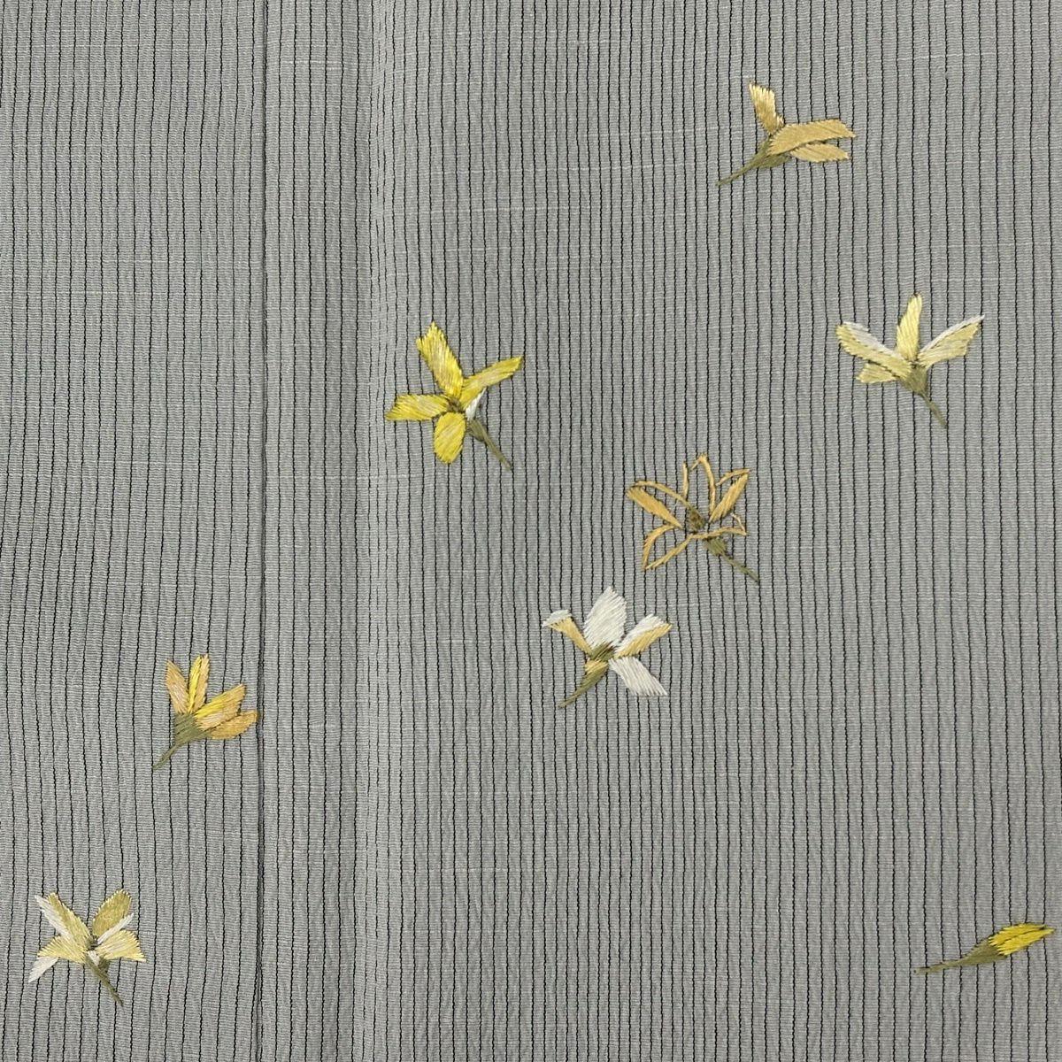 付下 身長163cm 袖長66cm M 雙層 紬織織 鈴乃屋 花 縱條 刺繡 灰 純蠶絲 秀品級 一個紋