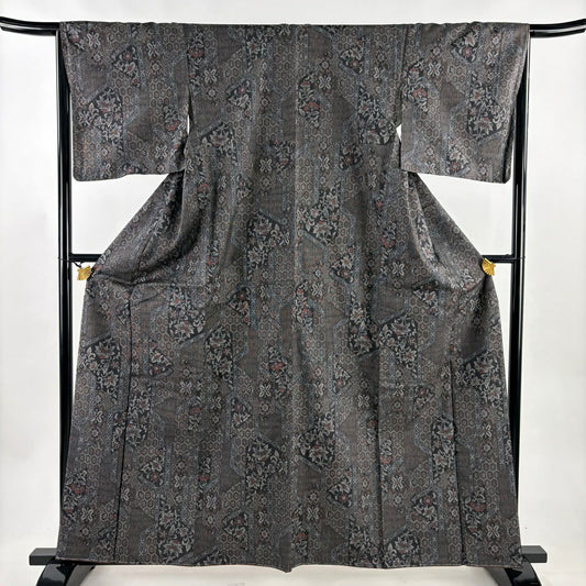 紬織 身長162cm 袖長65.5cm M 雙層 草花紋紋 龜甲 灰茶 純蠶絲 秀品級