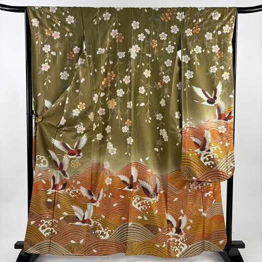 【美品】振袖禮服 身長164.5cm 袖長65cm M 雙層 仙鶴 波頭 金銀彩 漸層 鶯 綠 純蠶絲 秀品級